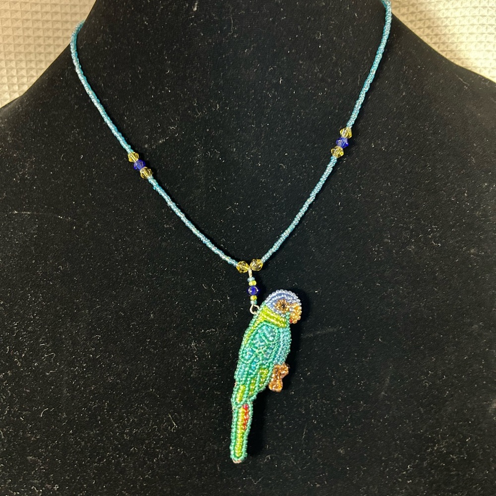 Vintage handmade beaded parrot necklace . Colors blue , green - Picture 2 of 4